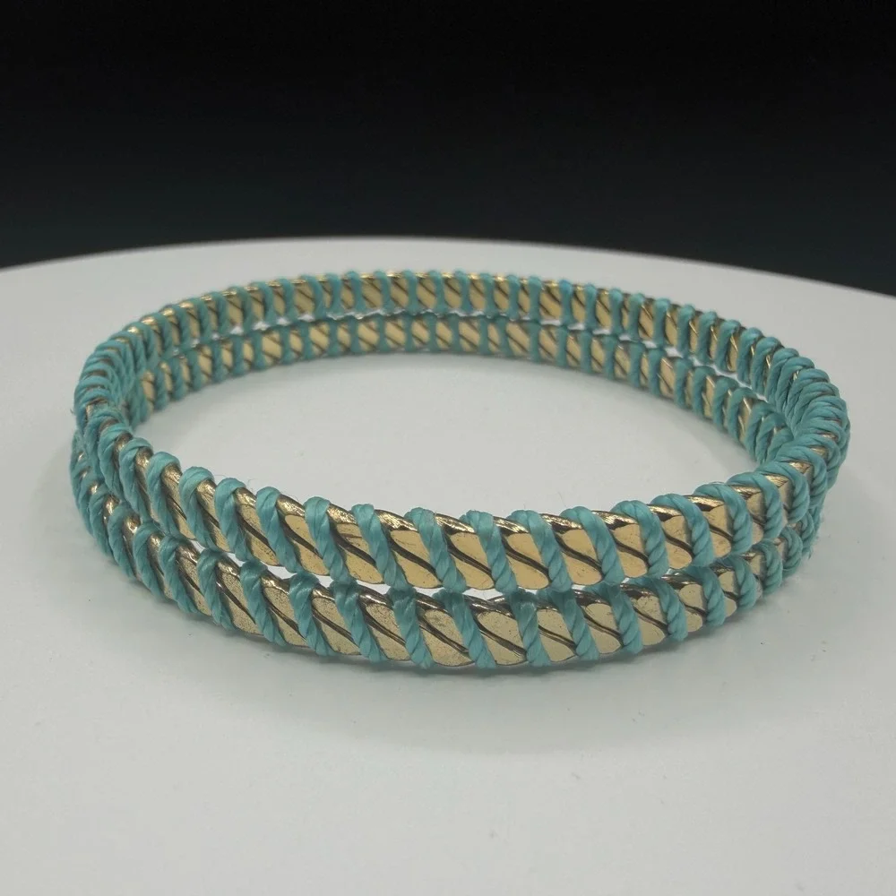 Turquoise Tone Blue Cord Gold Tone Double Row Bangle Bracelet Boho Statement